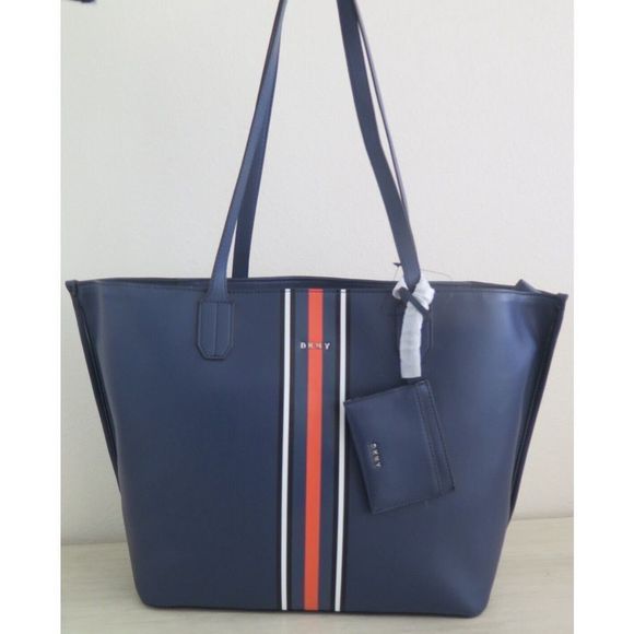 DKNY R21AAQ04 Women's Large Navy Blue w/Stripes Bradee Tote w/Card Pouch $228 - Picture 1 of 12